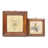 A beadwork small picture and a valentine, the first of a floral spray on ivory silk, 12cm sq in