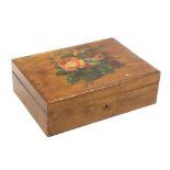 A Spa work sewing box of small format, the lid painted with a bouquet of flowers, the interior