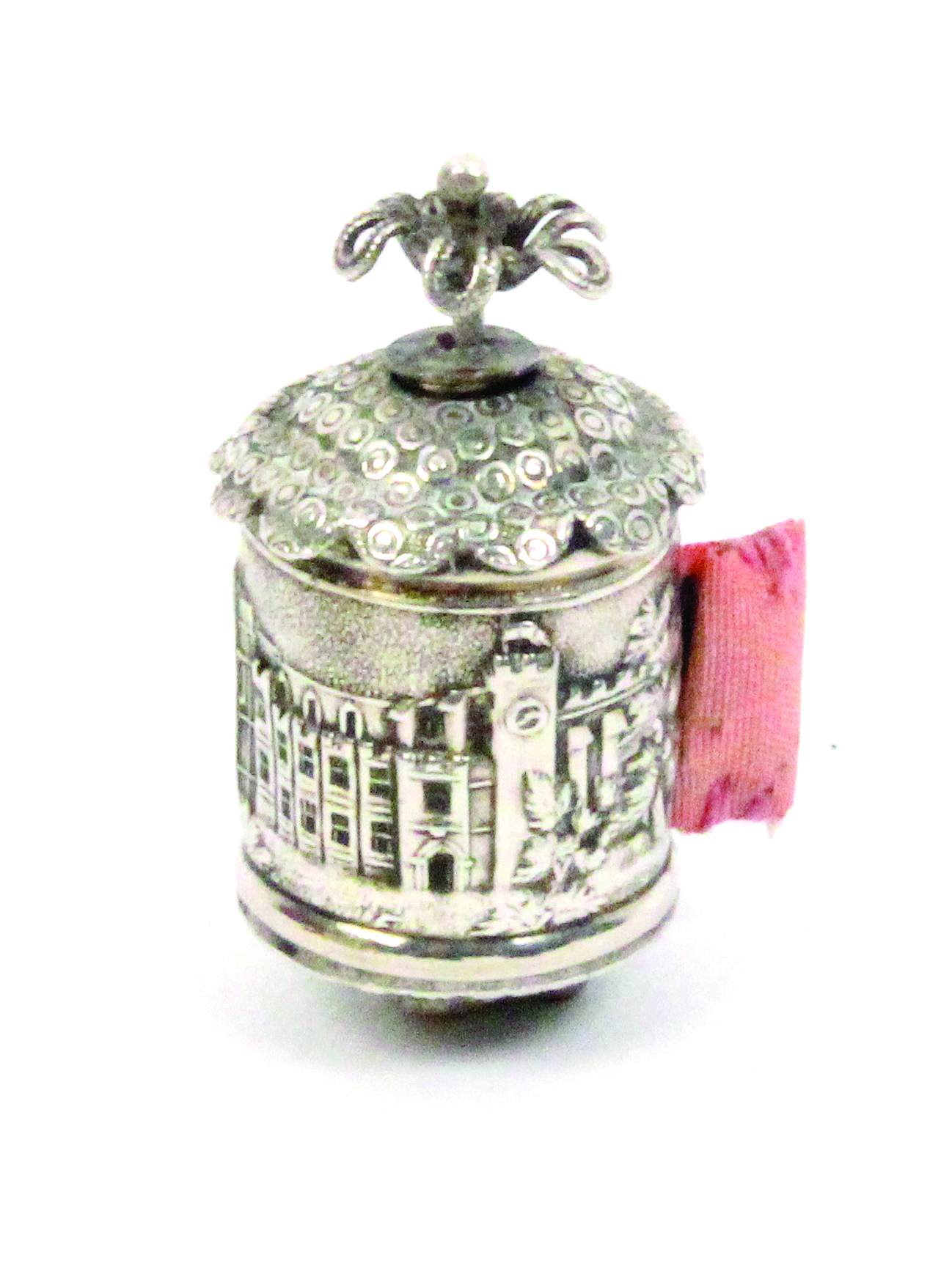 A scarce silver pictorial tape measure of cylinder form depicting Abbotsford, flowerhead spindle