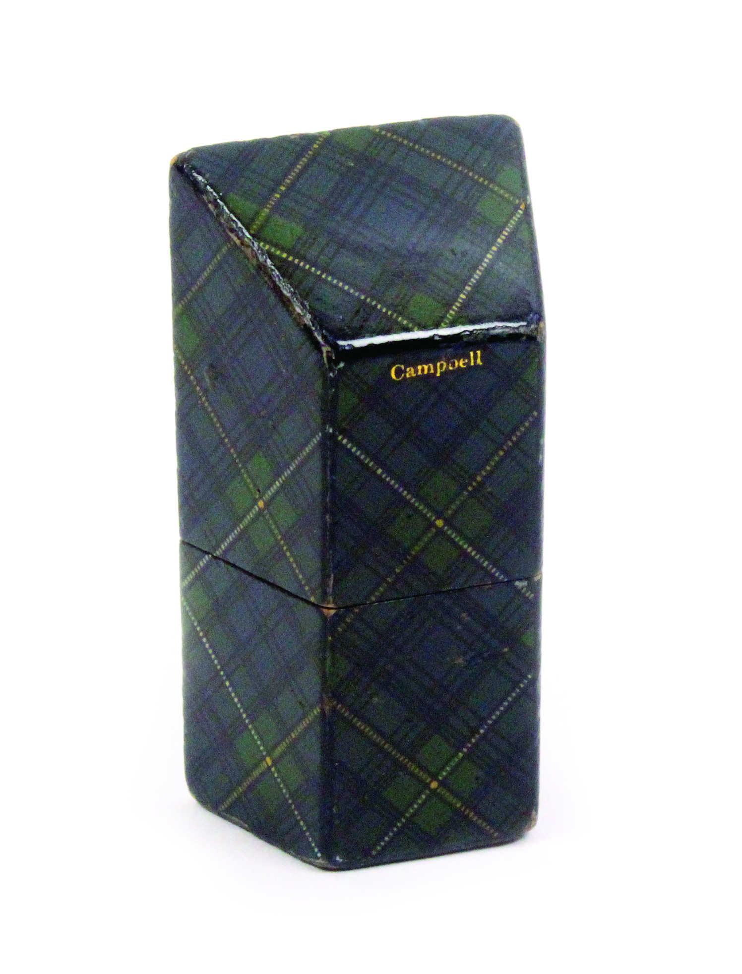 A Tartan ware (Campbell) needle packet box of canted form with sloping lid, 5.7cm high