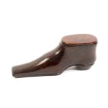 A good large mahogany snuff shoe with brass pique decoration, sliding lid, 13cm, 5cm high