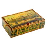 An early painted Tunbridge ware whitewood box of rectangular form with sloping sides decorated