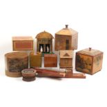 A collection of boxes including four poker work tea caddies one in the form of a house, a