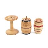 Three-line painted whitewood Tunbridge ware sewing accessories comprising a reel, 4cm, and two