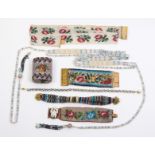 A collection of beadwork comprising an oval section box decorated with a basket of flowers, 7.5cm, a