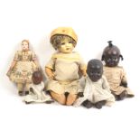 Five dolls comprising a chocolate doll, porcelain head stamped 'AM/Germany/351-2K', composition