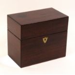 A small Georgian rectangular mahogany apothecary box, brass shield escutcheon, six division interior