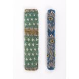 Two beadwork covered needle cases comprising a rectangular example in green and white geometric