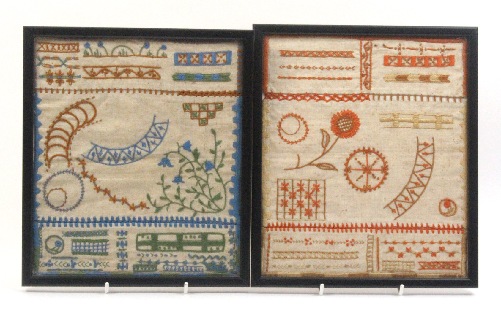 Three needle works comprising two early 20th Century sample panels of stitches, motifs and