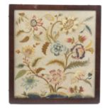 Three framed needle works comprising a crewel work floral panel incorporating strawberries, ex. pole
