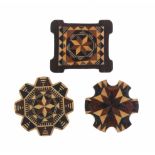 Three Tunbridge ware silk winders comprising a rectangular rosewood example in stickware, 4.5cm, and