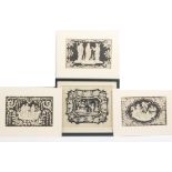 Four early 19th Century printed designs for penwork comprising a face screen panel and three others,