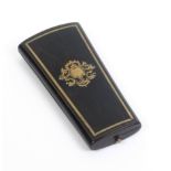 A French ebonised and brass inlaid etui, circa 1860, of oval section and tapering form, the lid with