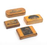 Four Scottish snuff boxes comprising a curved example the lid with pen and ink titled scene 'The
