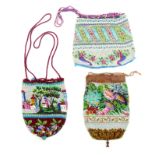 Three 19th Century beadwork drawstring bags one decorated with buildings over flowers, the other two