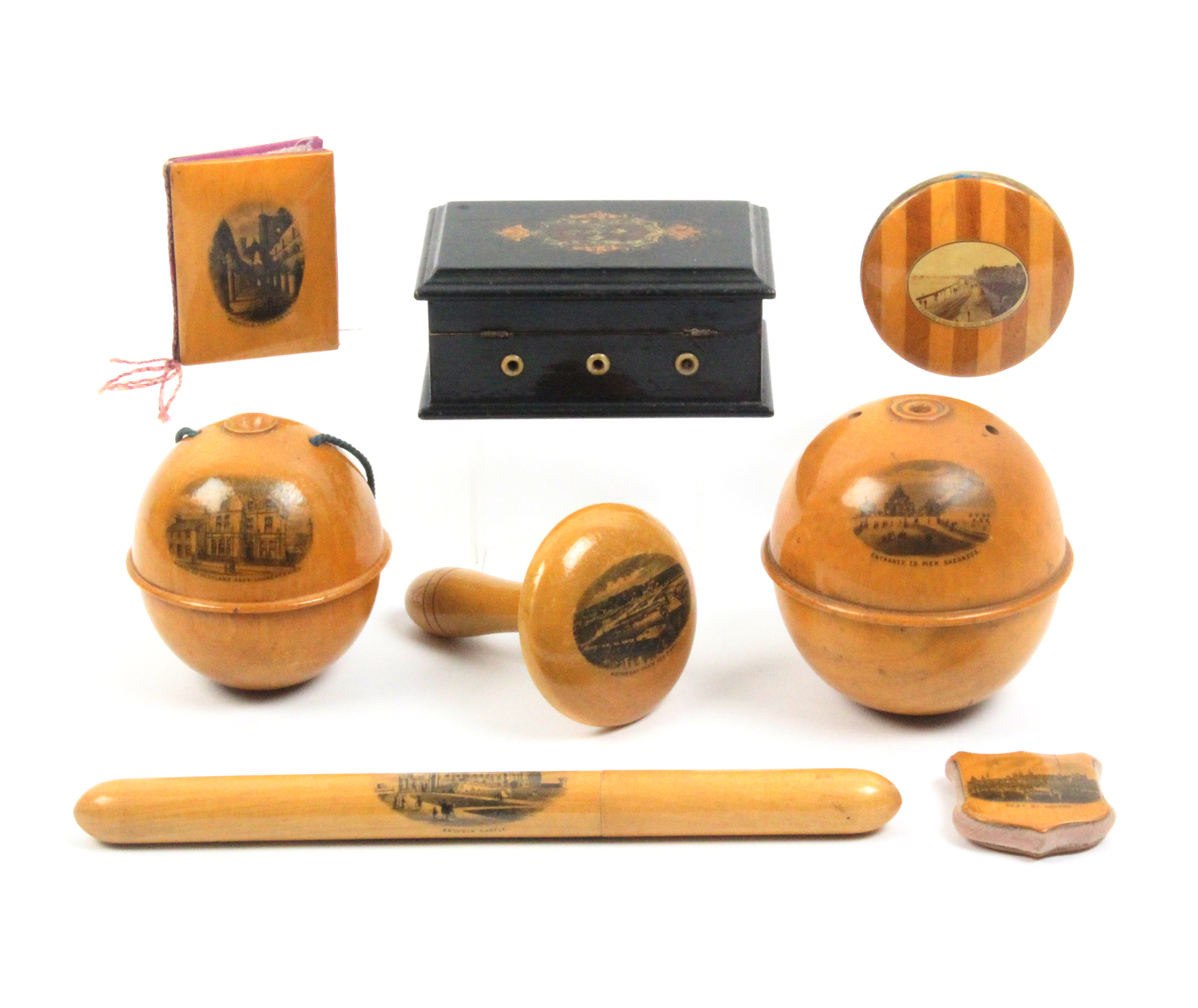 Mauchline ware - sewing - eight pieces comprising a wool ball (North of Scotland Bank, Laurencekirk)