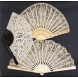 Fans and other items comprising three lace fans two with ivory sticks, one tortoiseshell, largest,