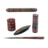 Tartan ware - five pieces comprising a shuttle, 7.2cm, a cylinder needle case (Prince Charlie)