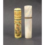 Two needlecases comprising a bone cylinder form example painted with an oval medallion of a female