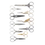 Ten pairs of 19th Century and later scissors mostly steel but a few gilt, largest 12cm (10)