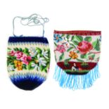 Two 19th Century beadwork drawstring bags one decorated with flowers over buildings, 18cm, the other