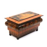 A fine Regency penwork tea caddy of ogee rectangular form, the stepped sides with twin bands of