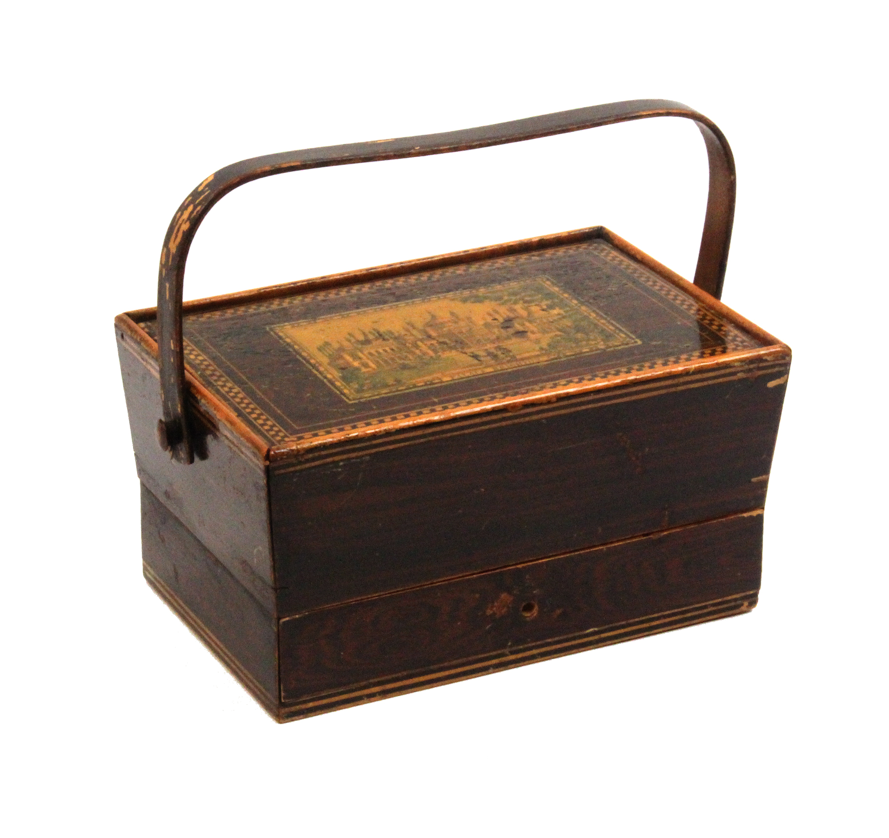 An early Tunbridge ware print and paint decorated sewing pannier in simulated rosewood, the pin