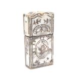 A French mother of pearl etui, circa 1830, engraved and inlaid with silver and depicting military