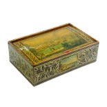 An unusual early Tunbridge ware whitewood, painted and print decorated box of rectangular form,