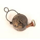 A silver tape measure for a chatelaine of drum form with coffee grinder handle, printed tape,