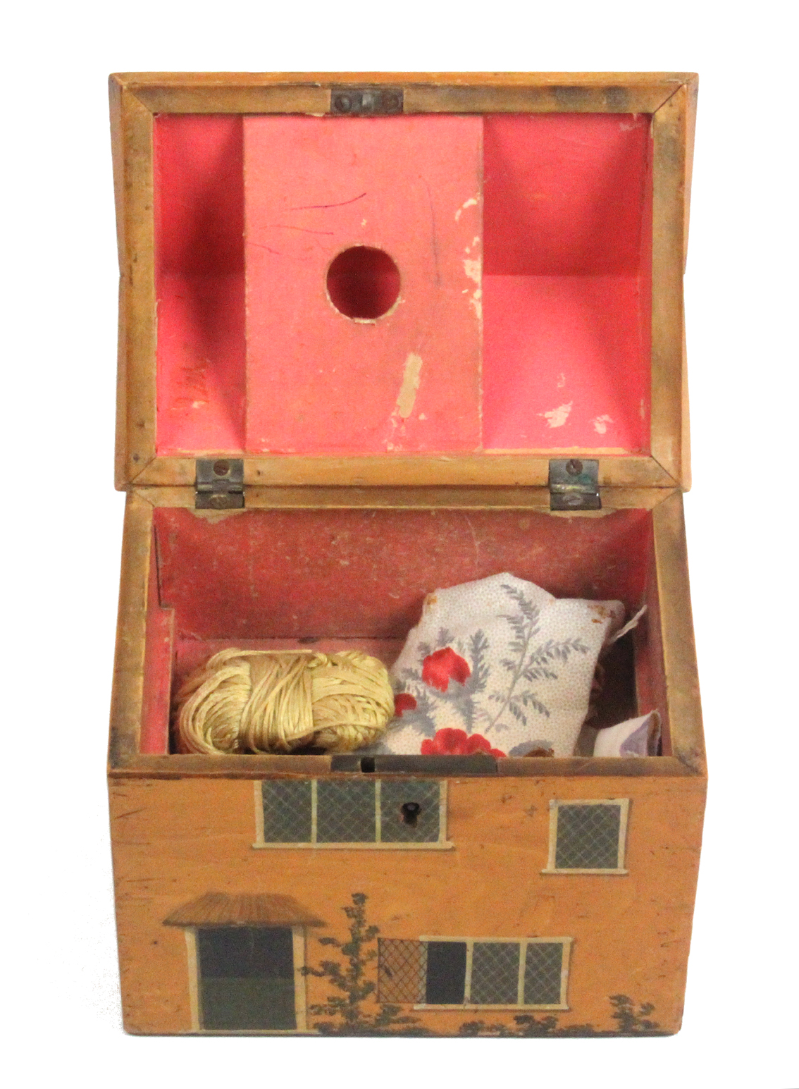 An early painted Tunbridge ware whitewood sewing box in the form of a cottage, the front with stable - Image 2 of 2