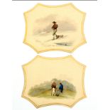 A pair of watercolour face screen panels of inward curving form edged in gilt foil, one painted with
