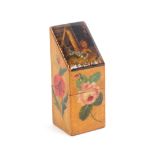 A Spa work slant top needle packet box each side brightly painted with a variant flower, the lid