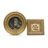 Five small framed needleworks comprising a petit point panel of a bird and squirrel in a tree, 7cm