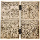 A carved ivory diptych in the 14th century Gothic style,19th century or earlier,each leaf divided