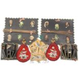 Wall pockets and mounts comprising a twin division wall pocket in trade cloth decorated in