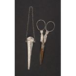 A pair of Dutch silver mounted scissors with a silver sheath, probably matched, steel blades to