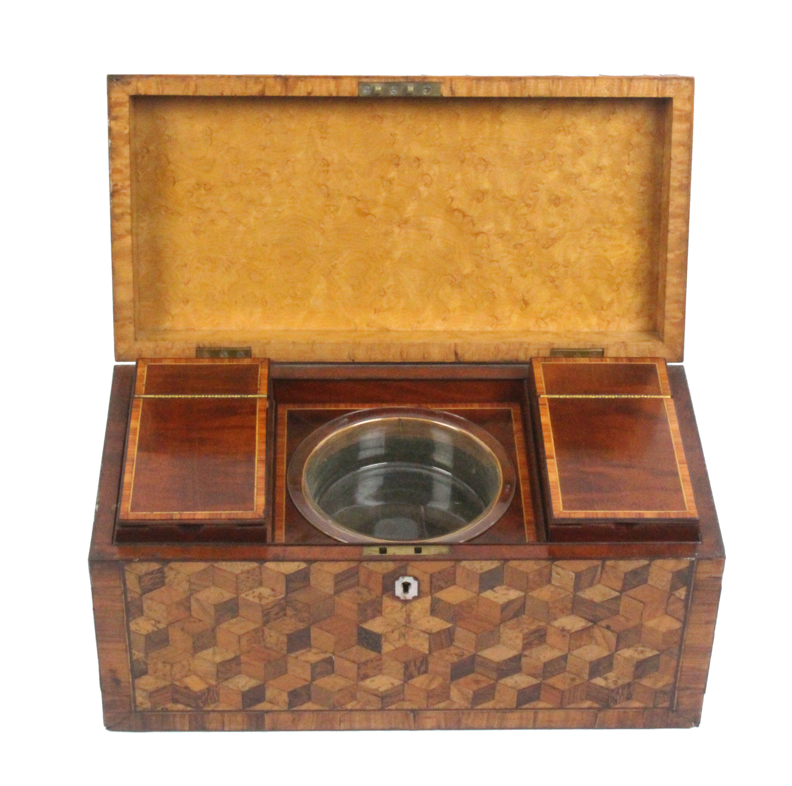 A large Tunbridge ware rectangular tea caddy, the lid, front and sides in cube work within line - Image 2 of 2