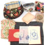 Embroidered bags and other pieces comprising a floral embroidered drawstring bag, 19.5cm, a beadwork