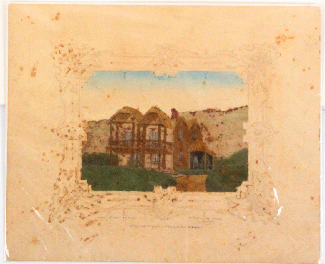 A sand picture 'Drawn With Alum Bay Sand - Cliff Cottage, Shanklin É. By J Symonds Cowes' in a