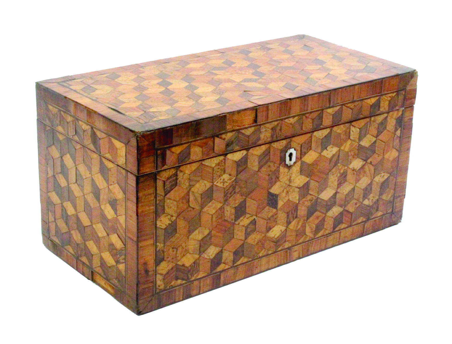 A large Tunbridge ware rectangular tea caddy, the lid, front and sides in cube work within line