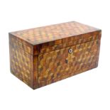 A large Tunbridge ware rectangular tea caddy, the lid, front and sides in cube work within line