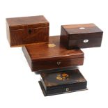 Four 19th Century boxes comprising two in rosewood, 19.5 and 27.5cm, a papier mache example, 20cm