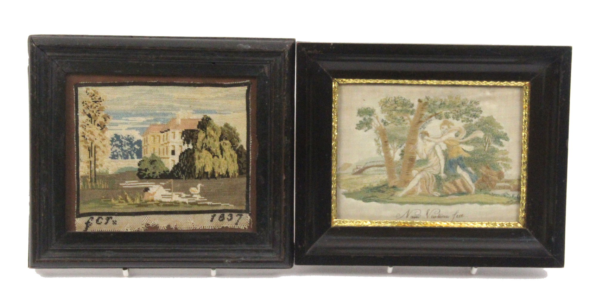 Two small 19th Century needle works comprising a petit point rectangular panel of a house, a man