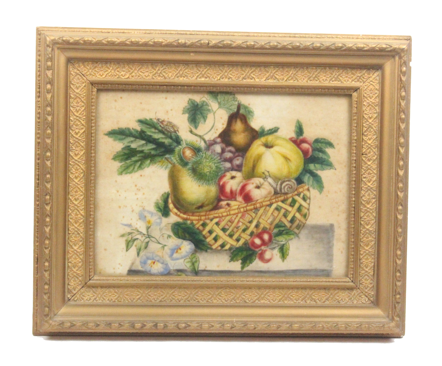A 19th Century painted velvet panel and another, the first of a wicker basket of fruit on a pedestal