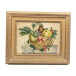 A 19th Century painted velvet panel and another, the first of a wicker basket of fruit on a pedestal