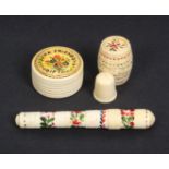 A painted bone needle case, a similar barrel form thimble case with thimble and a circular box,