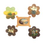 Five Spa work silk winders four of flowerhead form, one of a landscape, two of flowers, one a dog