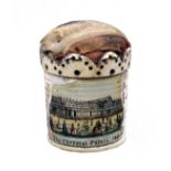 A bone basket form pin cushion of large size with applied colour print 'The Crystal Palace 1851'