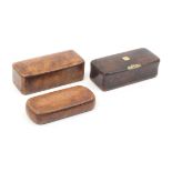 Three burr wood Scottish snuff boxes comprising a rectangular example with gilt shield and